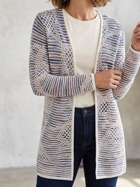 NIC+ZOE Open-Front Crochet Stripe Cardigan in Cream and Blue